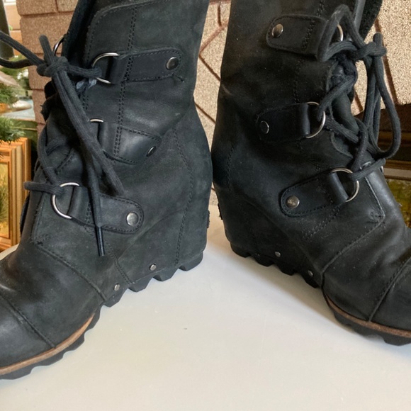 Sorel Black Leather Wedge Lace Up Women’s Size 8.5 - Picture 9 of 14